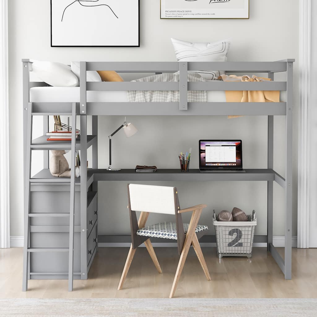 Twin/Full Size High Loft Bed w/Desk, Storage Shelves & 2 Built-in Drawers, Versatile Wood Twin/Full Loftbed Frame for Kids Teens