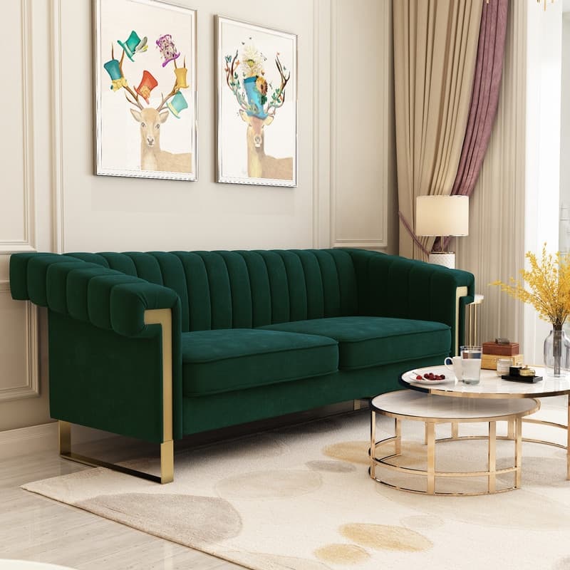 Velvet 3-Seater Sofa Living Room Couch Sofa with Deep Striped Tufting Sofa