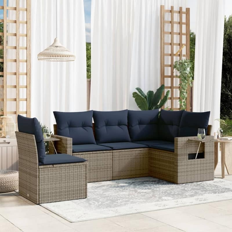 vidaXL Patio Sofa Set with Cushions Outdoor Conversation Furniture Poly Rattan - 24.4 x 24.4 x 27.2 - Grey and Blue-Without table
