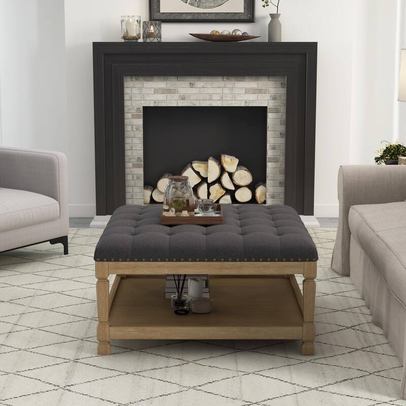 Button-Tufted Upholstered Coffee Table Ottoman with Wooden Shelf – Square Fabric Ottoman