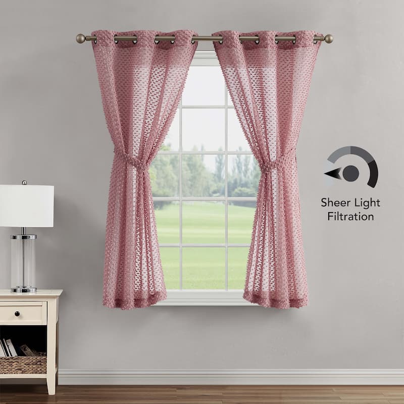Creative Home Ideas Mia Embellished Sheer Grommet Window Curtain Panel Pair with Tiebacks,