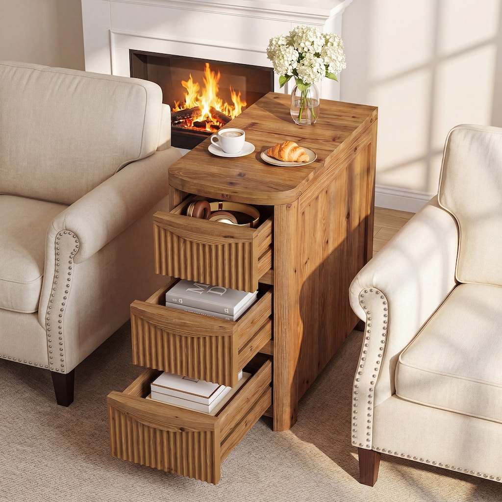 Narrow Solid Wood End Table with 3 Drawers, Fluted Side Table, Slim Sofa Side Table for Small Spaces, Nightstand with Storage