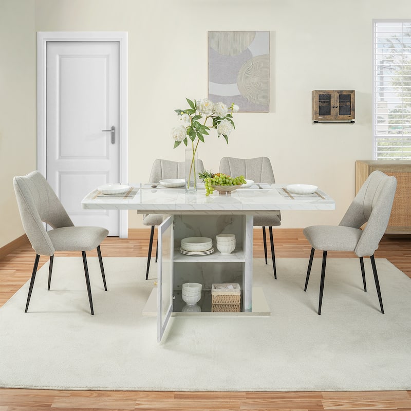 47-63" Modern Extendable Dining Table with Marble Top, Storage Leg & Metal Base