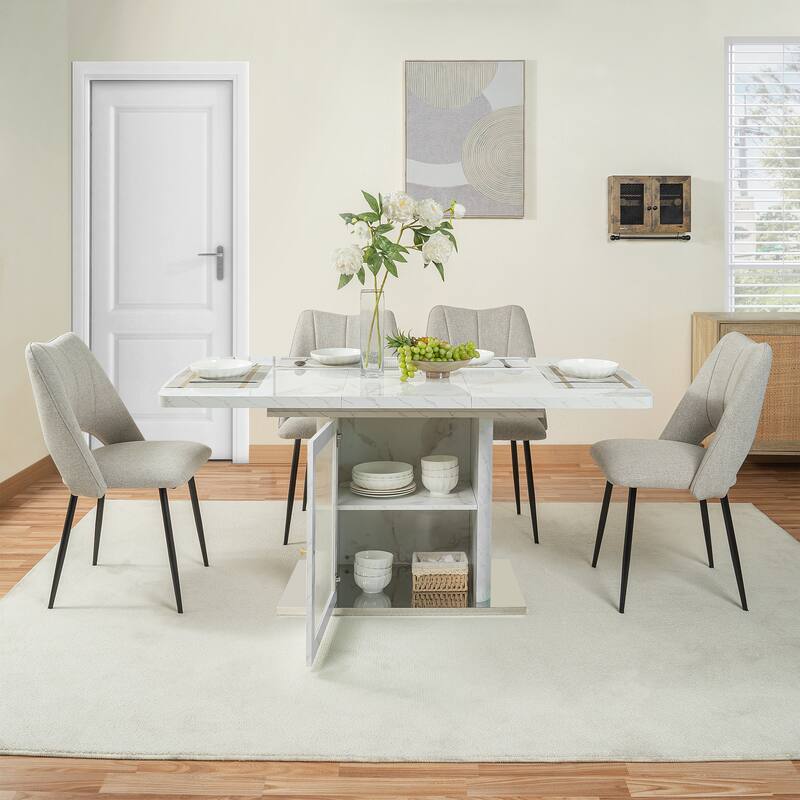 47.24"-63"Modern Rectangle Dining Table, Stretchable, with Printed Black Marble Table Top+Storage Cabinet Table Leg