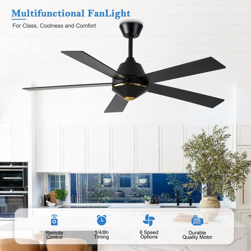CurveCurio 52" Matte Black Industrial Classic Modern Ceiling Fan, Quiet DC Motor 6 Speed w/ Remote Control for Living Room