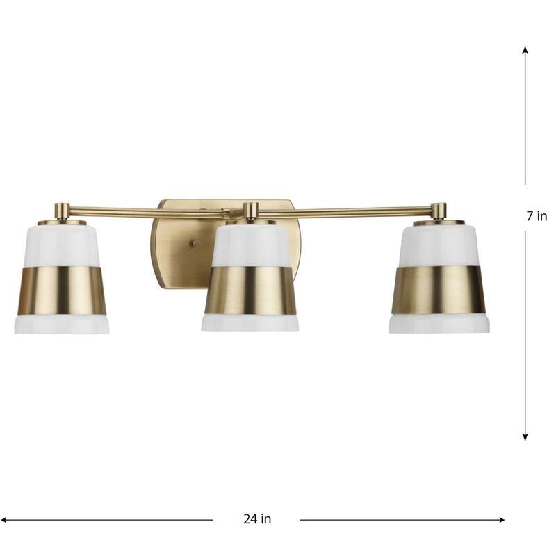 Haven Collection Three-Light Vintage Brass Opal Glass Luxe Industrial Bath Light - 24 in x 6.75 in x 7 in