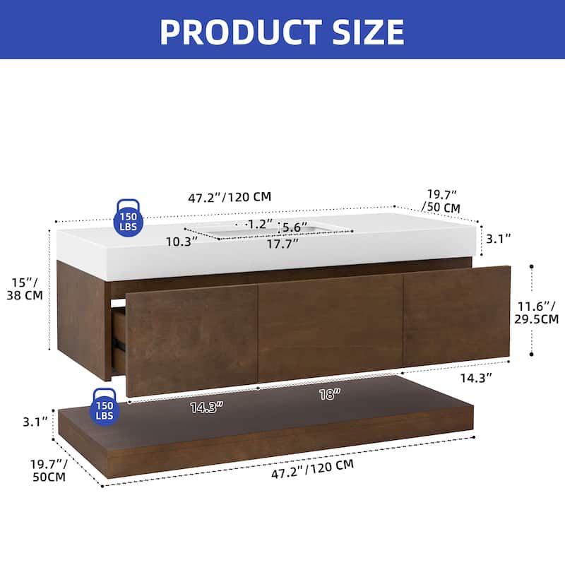 Moasis 48 Inch Floating Wall Mounted Bathroom Vanity with 3 Drawers