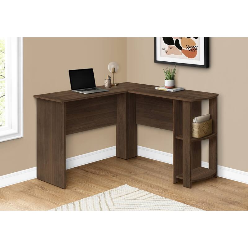 Contemporary 48" Corner Computer Desk with Storage Shelves, Brown Wood-Look Laminate, Space-Saving Design