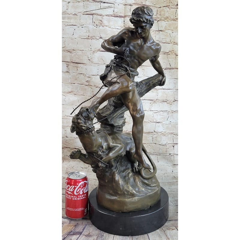 Signed Barye Muscular Man Defends Himself Against Imitative Lion Bronze Sculpture Figurine