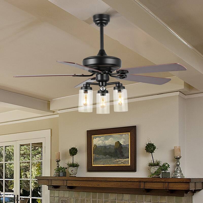 Erin 52" 3-Light Rustic Industrial Iron/Wood/Seeded Glass Mobile-App/Remote-Controlled LED Ceiling Fan, by JONATHAN Y