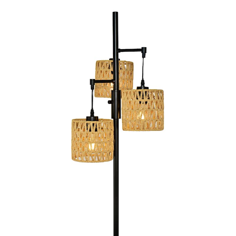 Boho 3-Light Tree Floor Lamp With Rattan Drum Shades