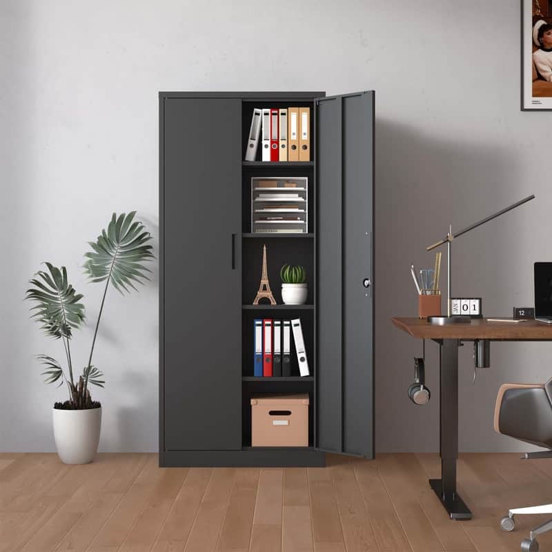 71"H Metal Lockable Garage Storage Cabinet with 3 Shelves - Black