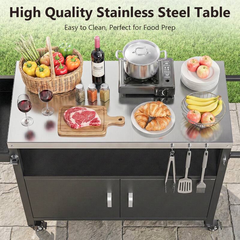 Pocassy Outdoor Grill Cart with Storage Cabinet Metal Kitchen Island Prep Table.