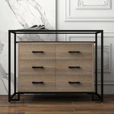 Modern 6 Drawers Dresser with Steel Frame & Glass Top