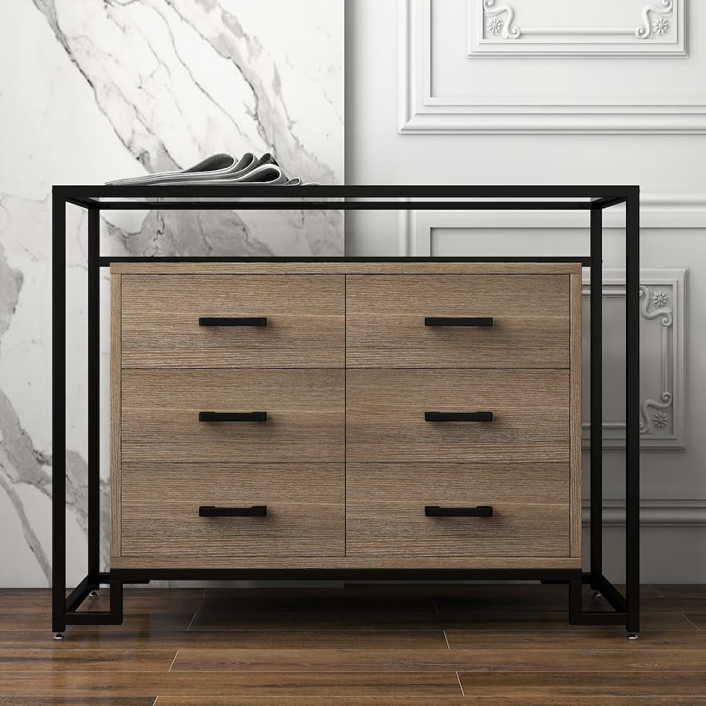 Modern 6 Drawers Dresser with Steel Frame & Glass Top