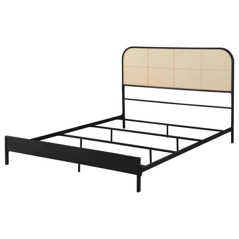 Ammy Queen Bed, Radio Weave Headboard, Brown Faux Rattan, Black Metal