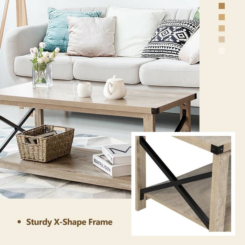 Rustic Accent Coffee Table Metal X Shaped Side Cocktail Table with Storage Shelf - 43.5" x 19.5" x 18"(LXWXH)