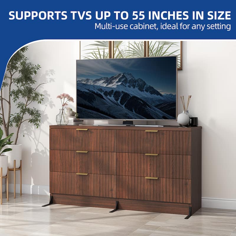 47" Wide Fluted 6 Drawers Dresser, Curved Profile Design Dresser