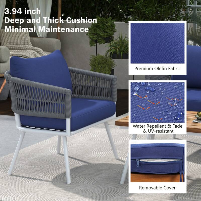 4 Piece Patio Furniture Set, Patio Conversation Set with Acacia Wood Table, 2 Chairs and 1 Loveseat Sofa with Thick Cushion