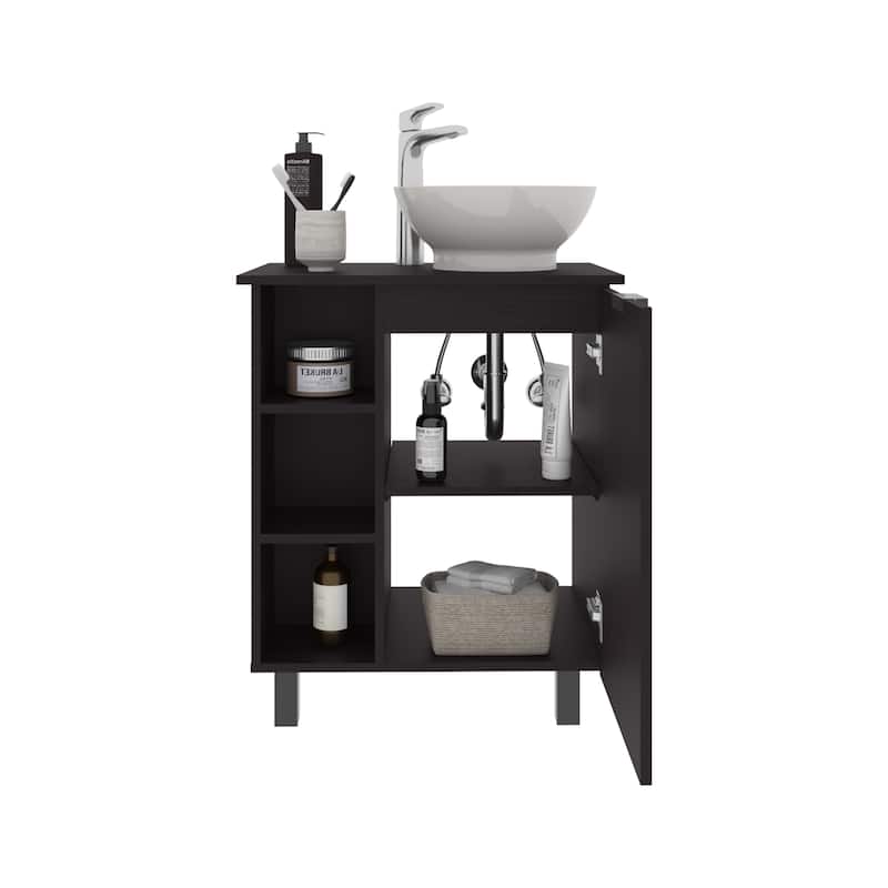 Vessel Sink Vanity With One Door Storage And Open Shelves,Freestanding Bathroom Cabinet,Black