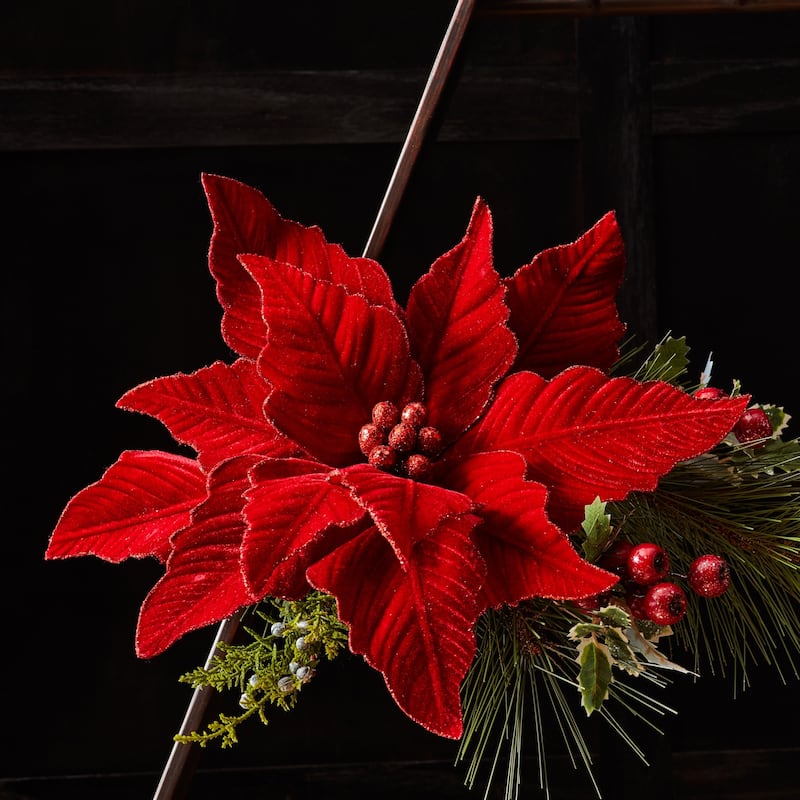 Glittered Red Poinsettia Flower Stem (Set of 2) - N/A