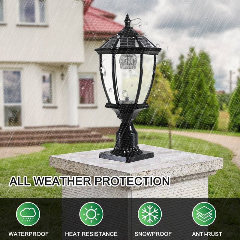 1-Light Black Aluminium Solar Outdoor Post Light Set Column Headlights