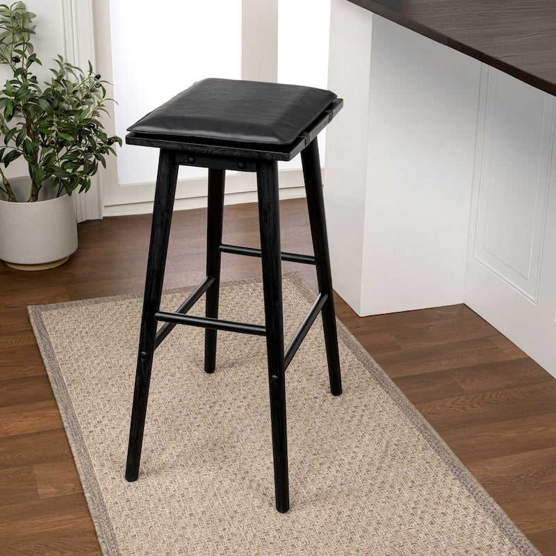Saddle-Seat Solid Wood/Vegan Leather Backless Stool with Removeable Cushion, By JONATHAN Y - Bar Height - Black