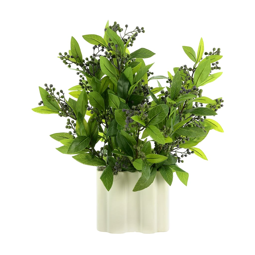Laurel Leaf and Berry Arrangement in a Ribbed Ceramic Vase - Green