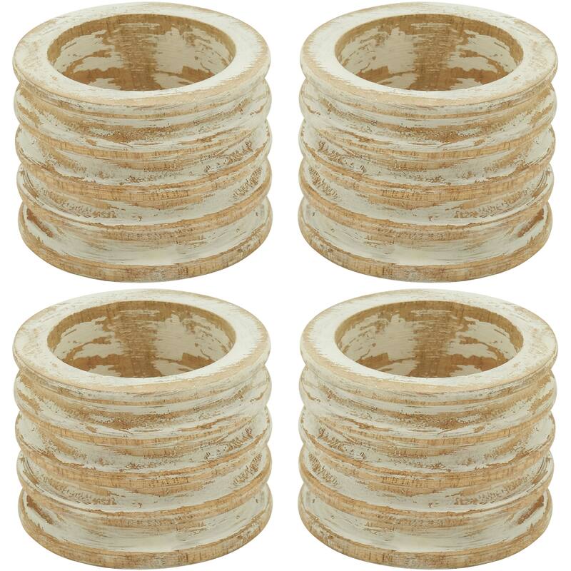 Wood Ribbed Design Napkin Rings (Set of 4)