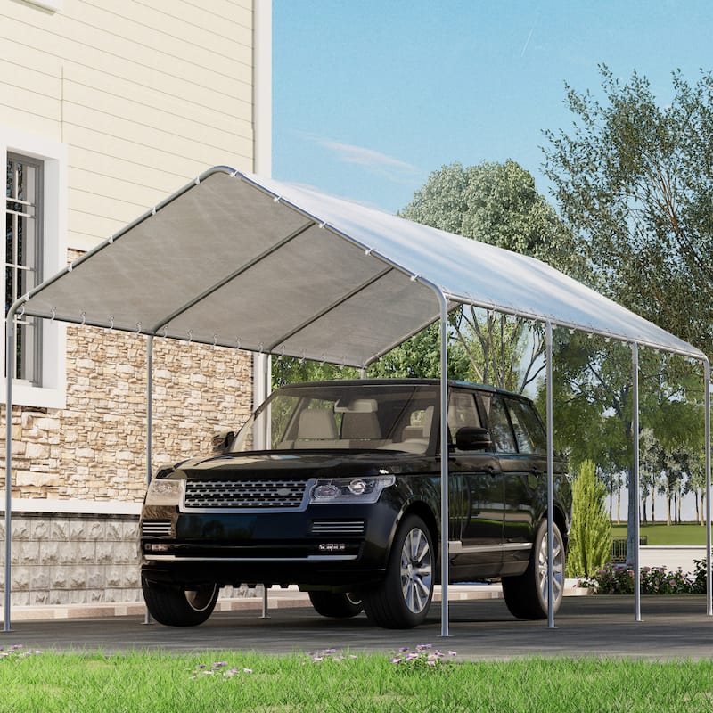 Heavy Duty Carport, Waterproof & UV Resistant Garage Cover with 8 Heavy-Duty Galvanized Steel Poles, Tool-Free Assembly - Premium - 10'x20' White