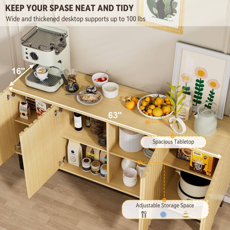 Meyreso 63 Inch Fluted Buffet Cabinet with Shelves & 4 Doors