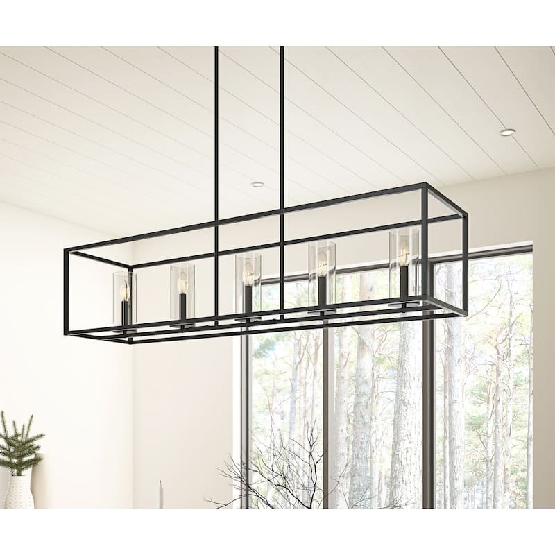 Farmhouse 5-Light Rectangle Metal Frame Kitchen Island Chandelier with Glass Shades
