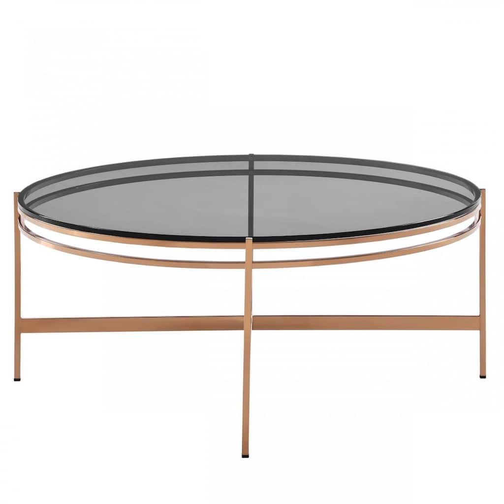 HomeRoots 35" Gold And Smoked Glass Round Coffee Table - 35