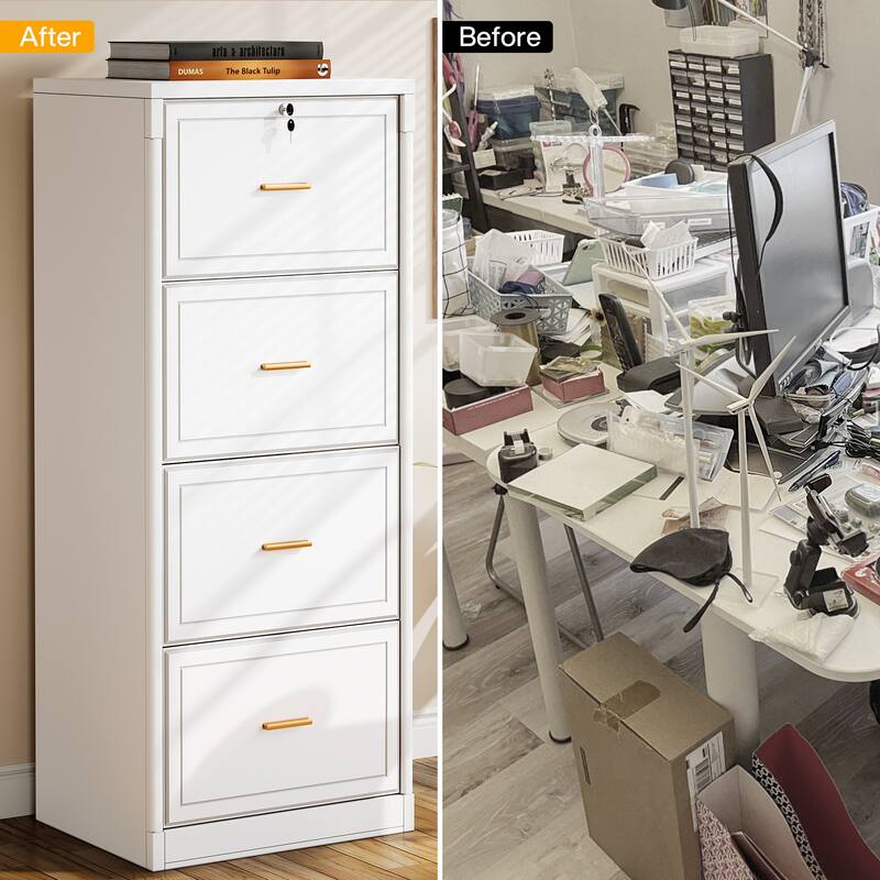 4-Drawer File Cabinet with Lock and Key, Vertical Wooden Filling Cabinet for A4/Letter/Legal Size Files
