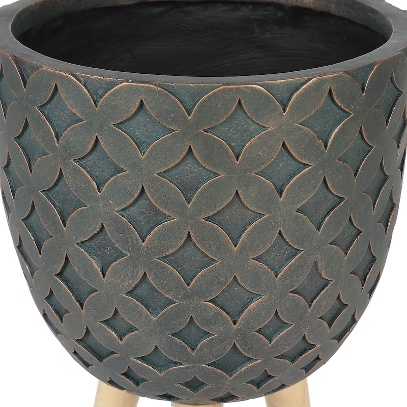 Butterfly Embossed Brown 12.3-Inch Round MgO Planter with Wood Legs ...