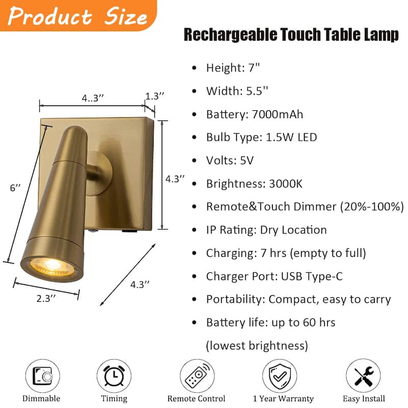 Rechargeable Cordless Wall Sconce LED Brass Spot Light with Remote and Touch Dimming Adjustable Head Accent Light for Bedroom