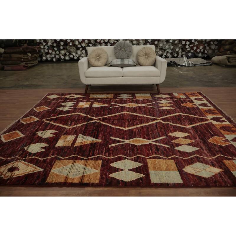 Hand Knotted Oriental 100% Wool Carpet Modern Tribal Red Moroccan Area Rug - 9' 9'' X 8' 3''