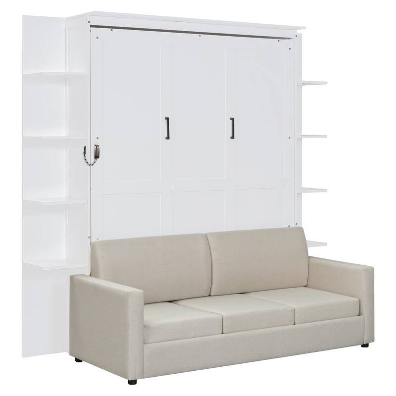 White Queen Size Wall Bed with Sofa, Space-Saving Foldable Design