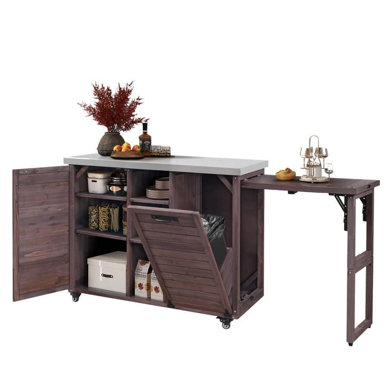 78.3" Outdoor Kitchen Island with Extendable Table, Trash Can Storage and Stainless Steel Top for BBQ Cooking