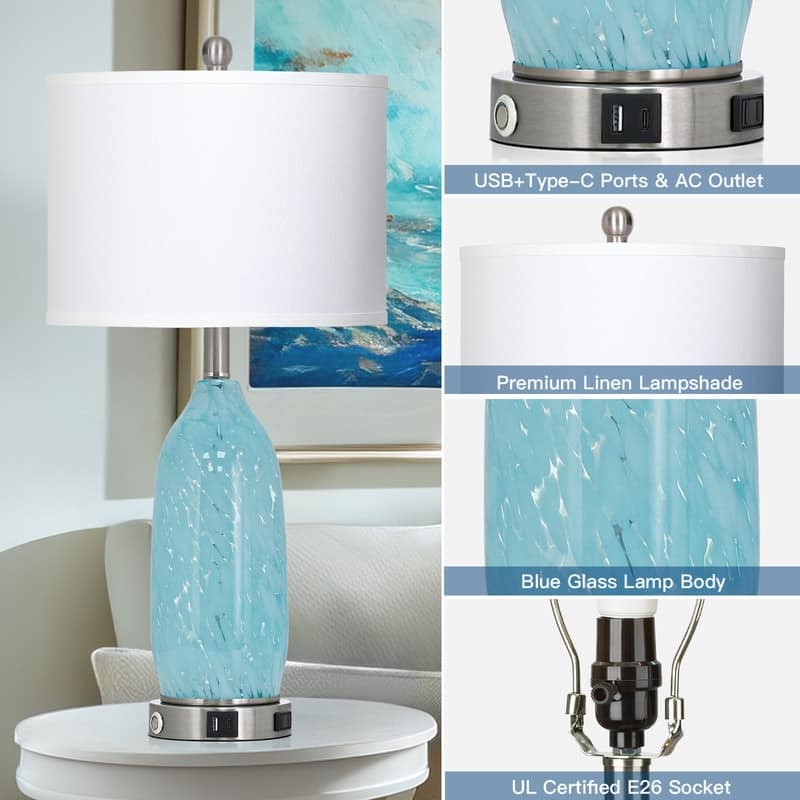 25" Coastal Bedside Table Lamps with 3-Way Touch Dimming and Charging Ports