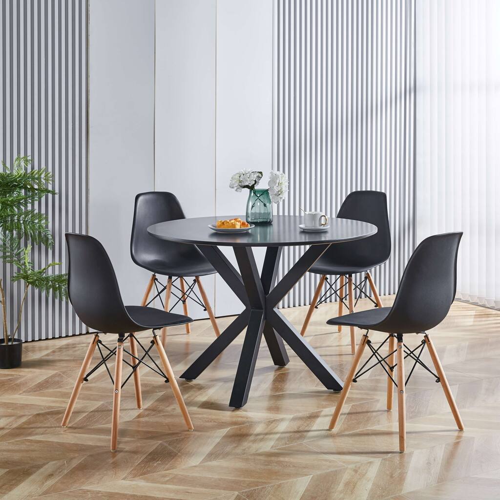 Modern 5-Piece Dining Set with Round X-Cross Table & 4 Solid Back Chairs