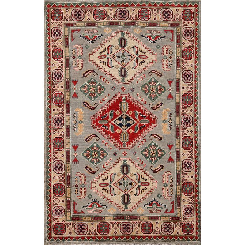 Geometric Grey Kazak Area Rug Hand-Knotted Oriental Wool Carpet - 4'0" x 6'2"