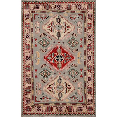 Geometric Grey Kazak Area Rug Hand-Knotted Oriental Wool Carpet - 4'0" x 6'2"