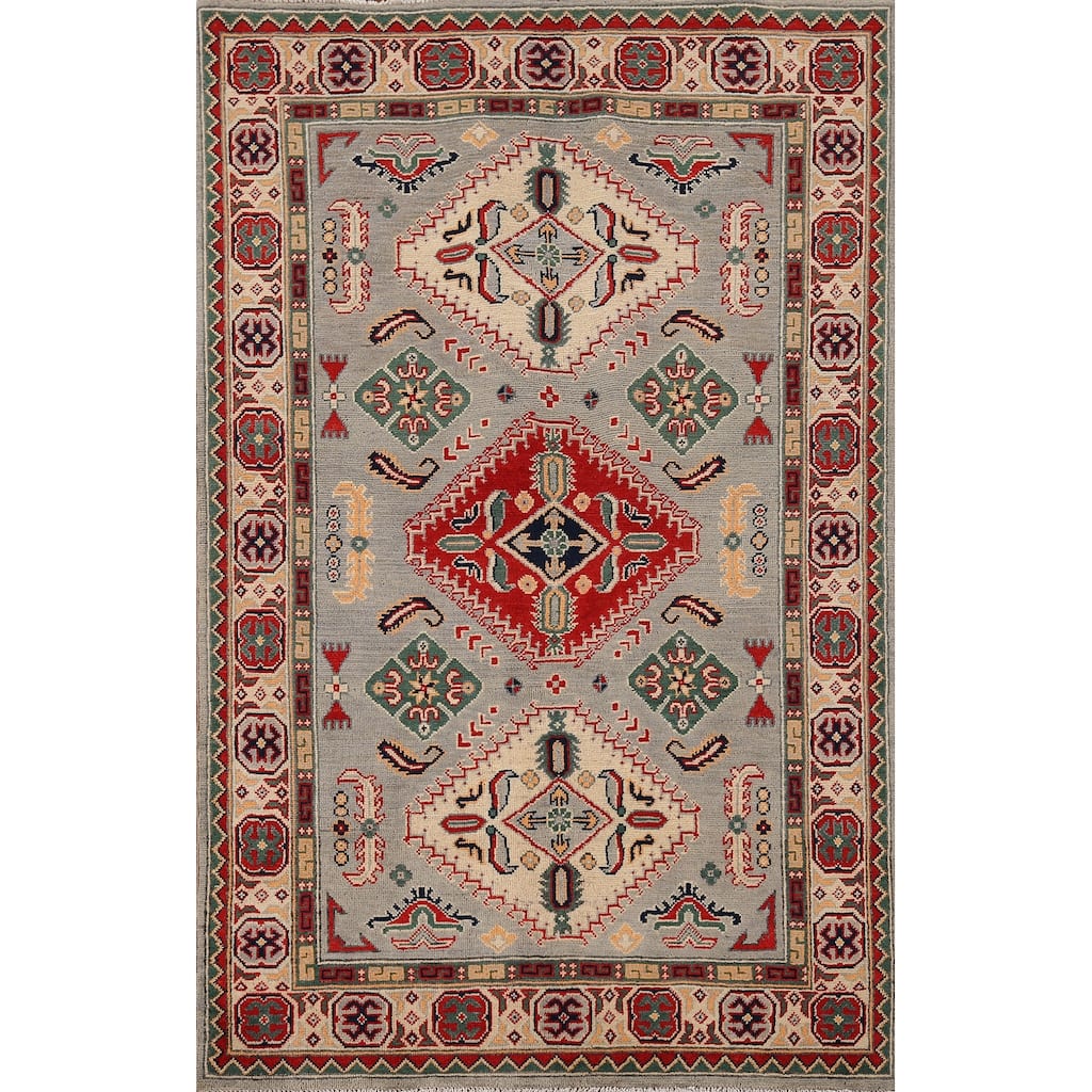 Geometric Grey Kazak Area Rug Hand-Knotted Oriental Wool Carpet - 4'0" x 6'2"