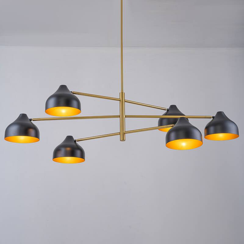 6-Light Mid-Century Matte Black & Gold Linear Chandelier Iron Shades - W 55.12-in