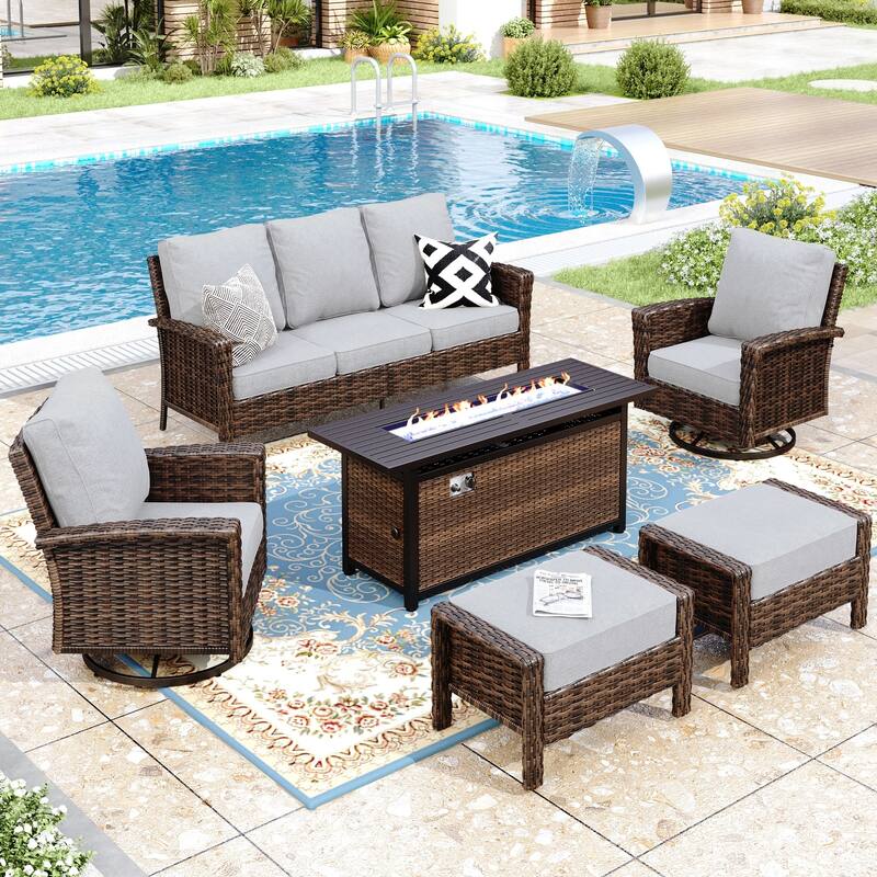 MAISON ARTS Patio Wicker Sofa Conversation Set with 50,000 BTU Fire Pit Table , Oversize Seat with 5.5'' Thick Padded Cushion - 7-Seats - Grey