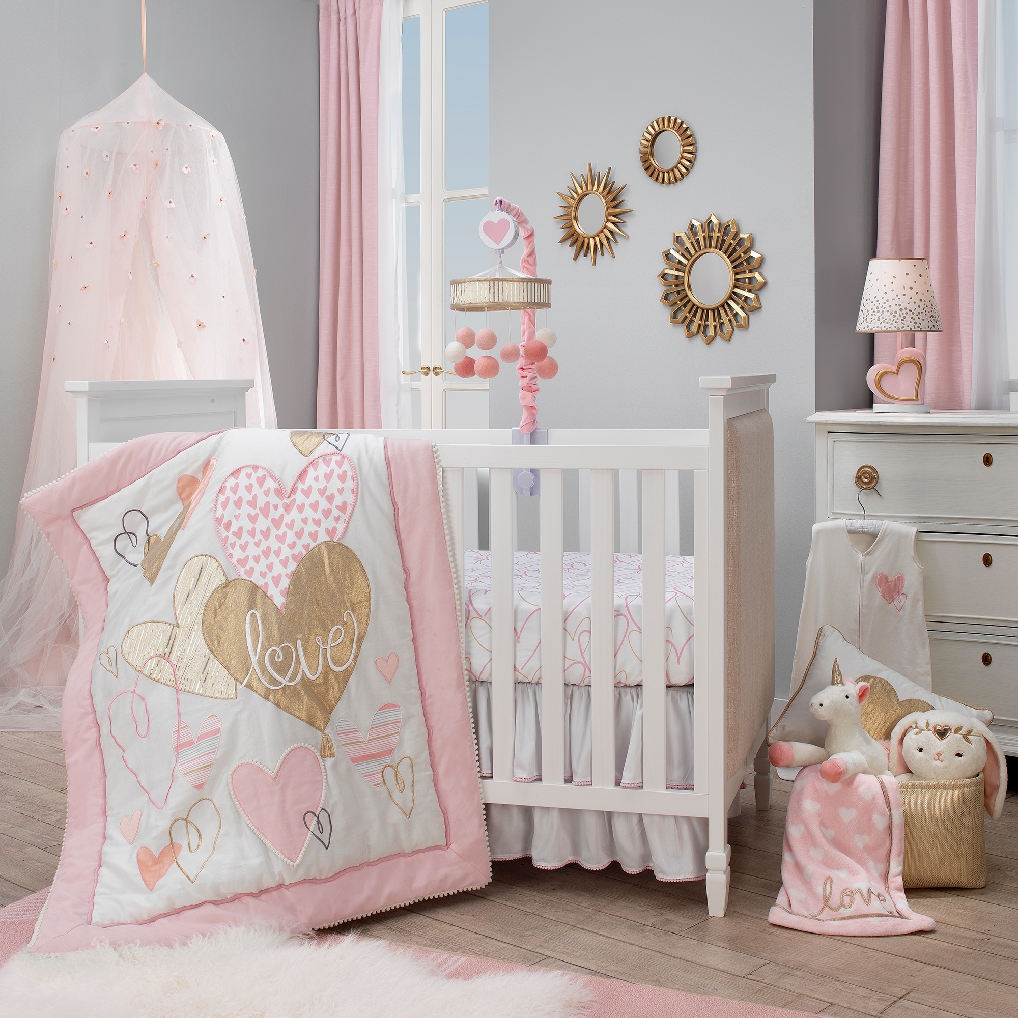 pink and grey nursery bedding