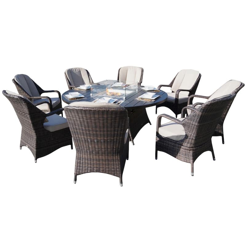 9 Pieces Outdoor Wicker Gas Fire Pit Dining Set Round Table with Chairs