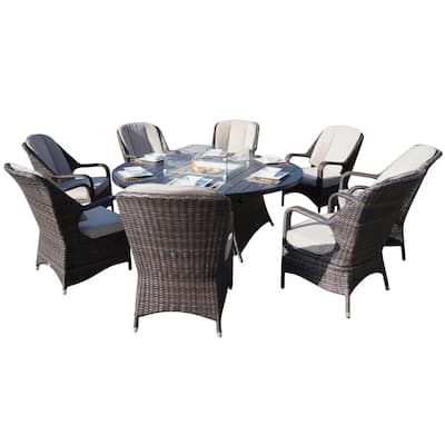 9-piece Outdoor Wicker Gas Fire Pit Round Table Set with Arm Chairs