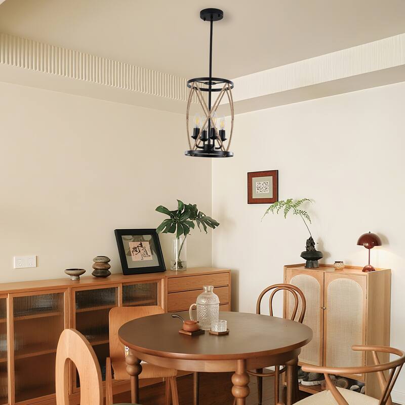 Rustic Rope - Wrapped 4 - Light E12 Pendant Chandelier, Adjustable Height with 3 Rods, Black Metal Frame - Matte Black